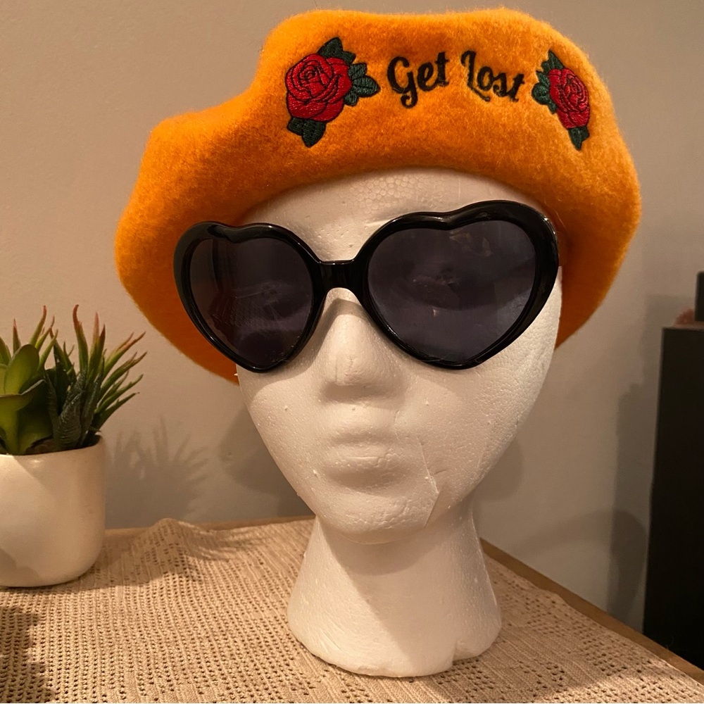 Valfie 95% Wool Yellow Orange “Get Lost” Beret with Embroidered Roses RARE